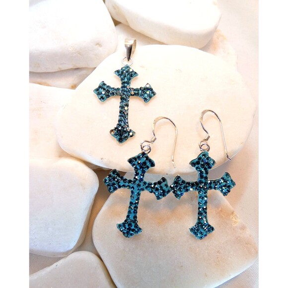 VTG Sterling Silver 925 Blue Rhinestone Cross Pendant Earring Set Light Weight - Picture 1 of 5